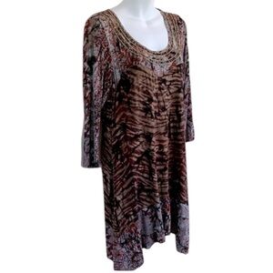 Faith dress, women's M beaded scoop neck tiger print midsection, brown tan grey